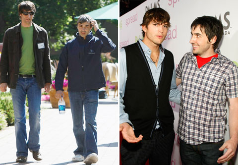 左图：Digg前任CEO杰伊·阿德尔森(Jay Adelson)(左)与谷歌联合创始人拉里·佩奇(Larry Page)在一起。右图：Digg创始人凯文·罗斯(Kevin Rose)(右)与演员阿什顿·库切尔(Ashton Kutcher)。