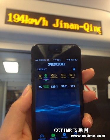 图为D6011次动车时速194Km/h时 电信3G网络上行和下行速度